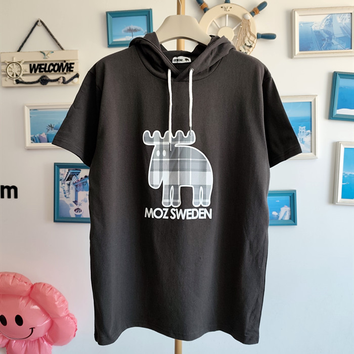 MOZ小鹿潮牌半袖潮流印花韩版宽松简约休闲百搭连帽纯棉短袖T恤