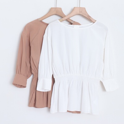 D14030日单1.2W客供料圆领松紧腰微宽松好搭配女气质七分袖衬衫