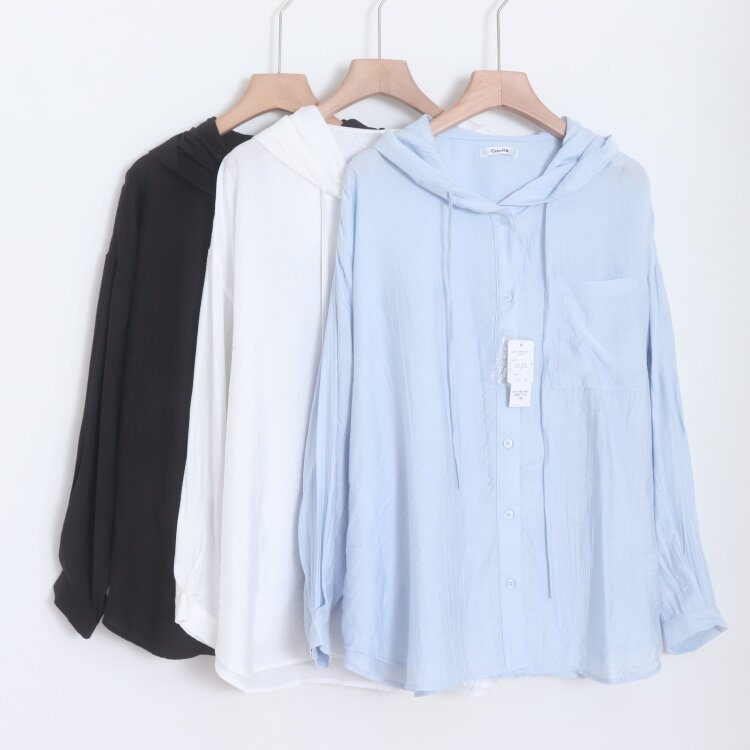 D19019日单新款气质单排扣宽松显瘦好搭配女休闲纯色连帽长袖衬衫