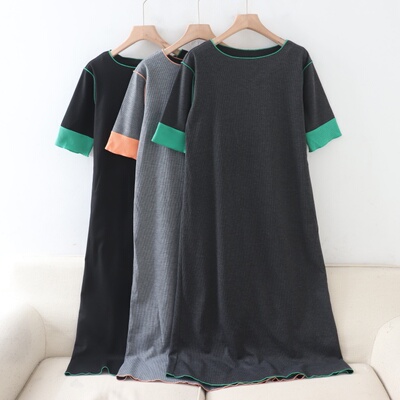 C05048日单新款客供料圆领套头微宽松女针织撞色气质短袖连衣裙