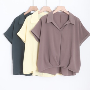 衬衫 D22026日单新款 V领套头宽松显瘦好搭配女通勤纯色翻边短袖