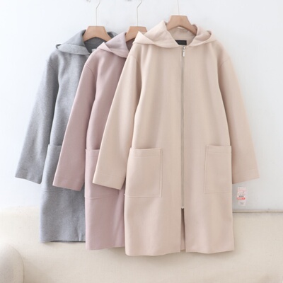 D02097日单秋冬新款客供料拉链宽松好搭配女中长气质连帽呢子外套
