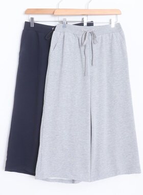 D15006日单新款简洁松紧高腰抽绳系带宽松女纯色休闲七分阔腿裤