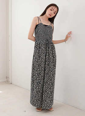 C07038日单夏新款客供料抽绳系带V领松紧腰显瘦女气质碎花吊带裙