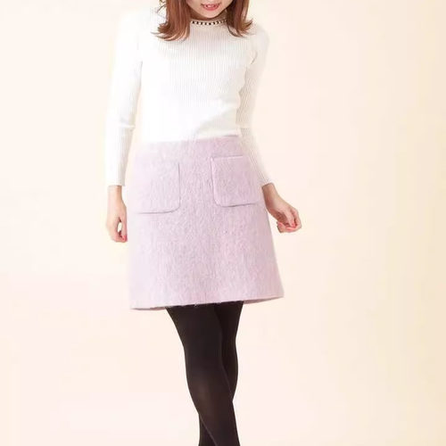 D03054日单贵牌1.2W日元秋冬新拉链高腰含毛短裙女气质呢子半身裙