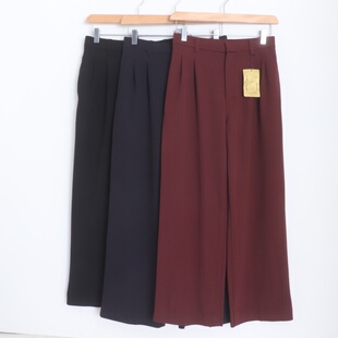 D18007日单客供料挂扣松紧高腰显瘦长裤 女纯色简洁通勤气质直筒裤