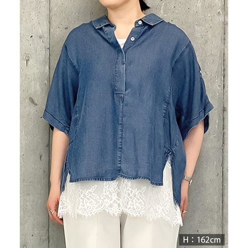 A07029日单夏新款9350日元翻边领宽松女袖可挽天丝牛仔短袖衬衫