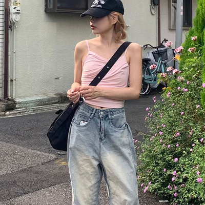 D09070日单新款GL褶皱领有弹性女甜美气质有胸垫可调节吊带背心