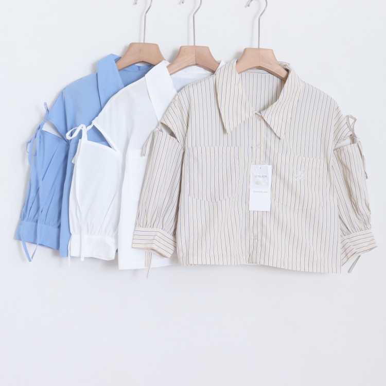 D06054日单新款翻边领单排扣宽松显瘦女文艺气质短款袖系带衬衫