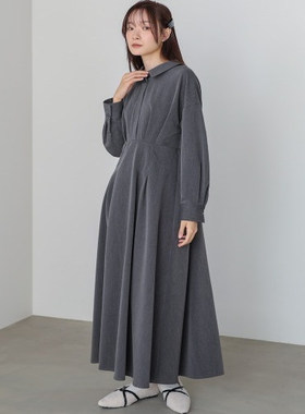 D05045日单秋新款门襟扣翻边领套头松紧腰显瘦女通勤气质连衣裙