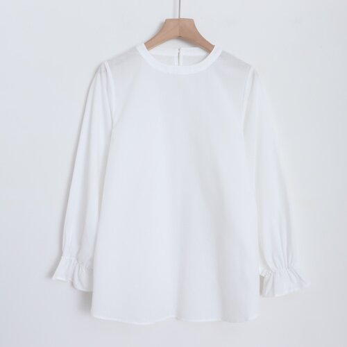 D18010日单简洁后纽扣圆领套头微宽松显瘦女通勤气质喇叭袖衬衫