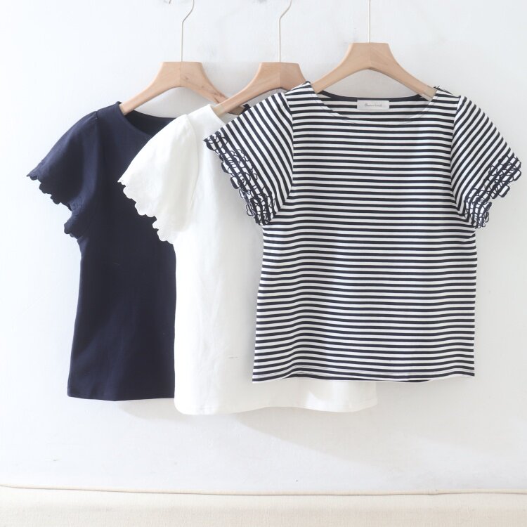 P07079日单夏季新款客供料圆领套头有弹性显瘦女简洁短袖刺绣T恤