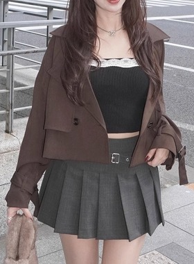 D05034日单秋新款客供料GL双排扣西装领宽松女纯色气质短款外套