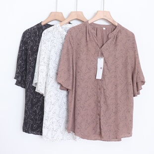 D09024日单新款V领单排扣宽松显瘦好搭配女通勤气质印花短袖衬衫