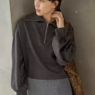 D04089日单新款 客供料毛线螺纹领门襟拉链套头宽松女气质通勤卫衣