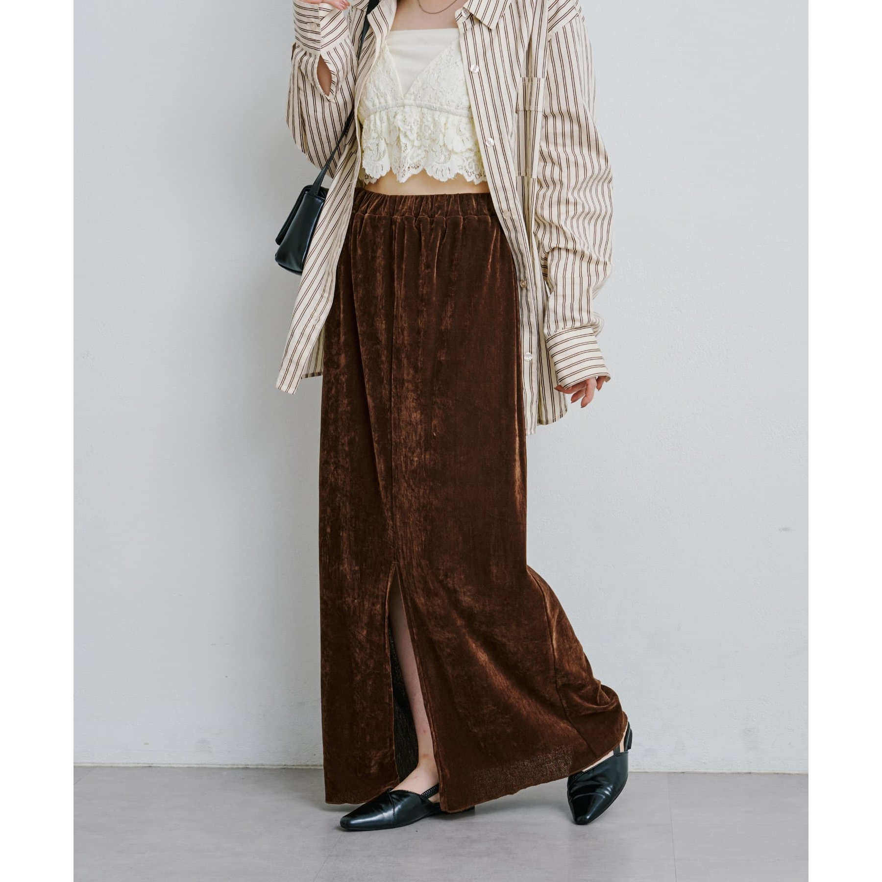 D17059日单新款客供料松紧高腰侧开叉H型长裙女气质金丝绒半身裙