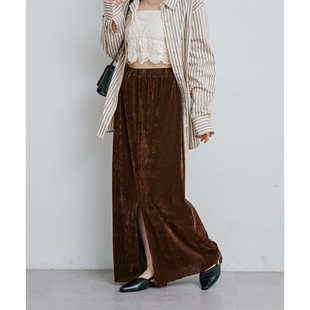 D17059日单新款客供料松紧高腰侧开叉H型长裙女气质金丝绒半身裙