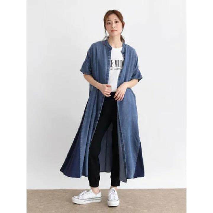 D180107日单新款2.17W天丝料单排隐形扣圆领宽松女休闲拼接连衣裙