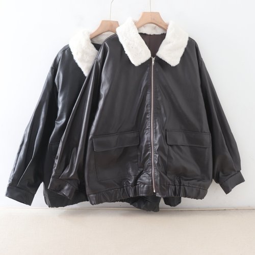 C12095日单秋冬款翻边毛毛领可拆立领宽松保暖女休闲加厚皮衣外套