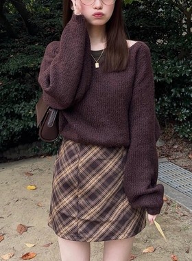 D06013日单新款甜美系客供料GL隐形拉链松紧高腰短裙女格子半身裙