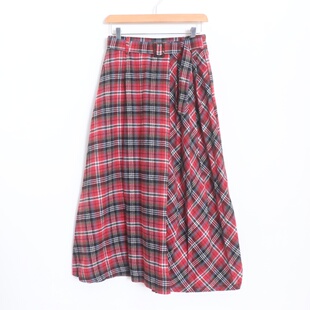 D090124日单客供料后松紧高腰显瘦A字裙女通勤气质格子长款 半身裙
