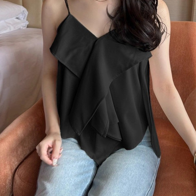 D110124日单GL新款双肩带不规则微宽松女纯色甜美气质吊带背心