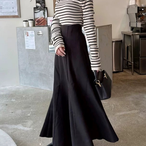 D08001日单新款GL隐形拉链松紧高腰甜美鱼尾裙女气质长款半身裙