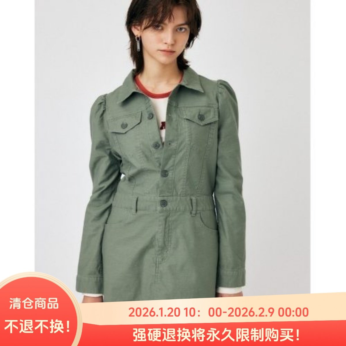 C04012日单新款客供料贵牌猫西门襟扣微宽松女休闲长袖纯棉连衣裙