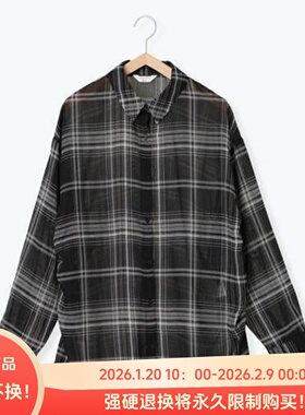 C08055日单S*2新款单排扣宽松下摆侧抽绳系带女通勤格子长袖衬衫