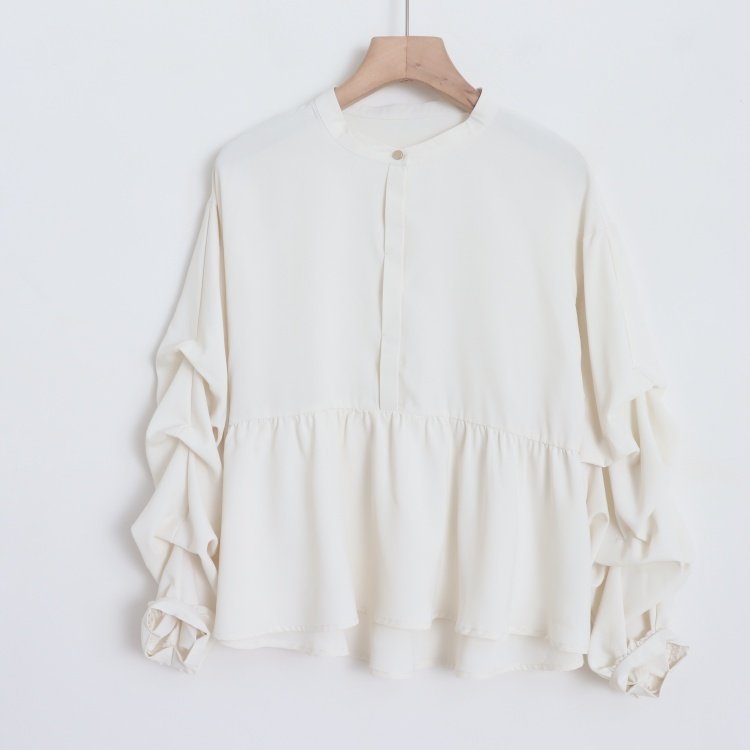 D16059日单新款门襟隐形扣圆领套头微宽松显瘦女气质堆堆袖衬衫