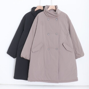 D13065日单秋冬新款客供料双排扣立领宽松保暖女气质中长款棉服