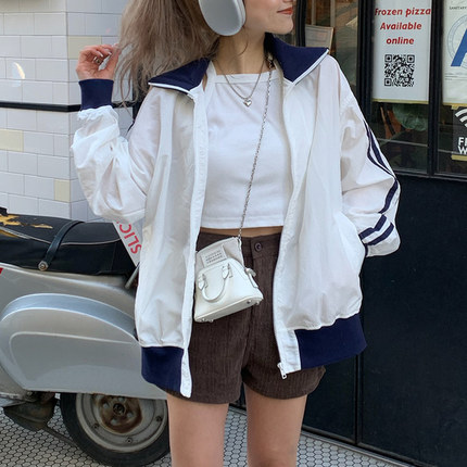 C09015日单早秋款客供螺纹领拉链宽松显瘦好搭配女撞色休闲款外套