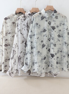 C09065日单新款客供料单排扣宽松女通勤休闲轻薄透视印花长袖衬衫