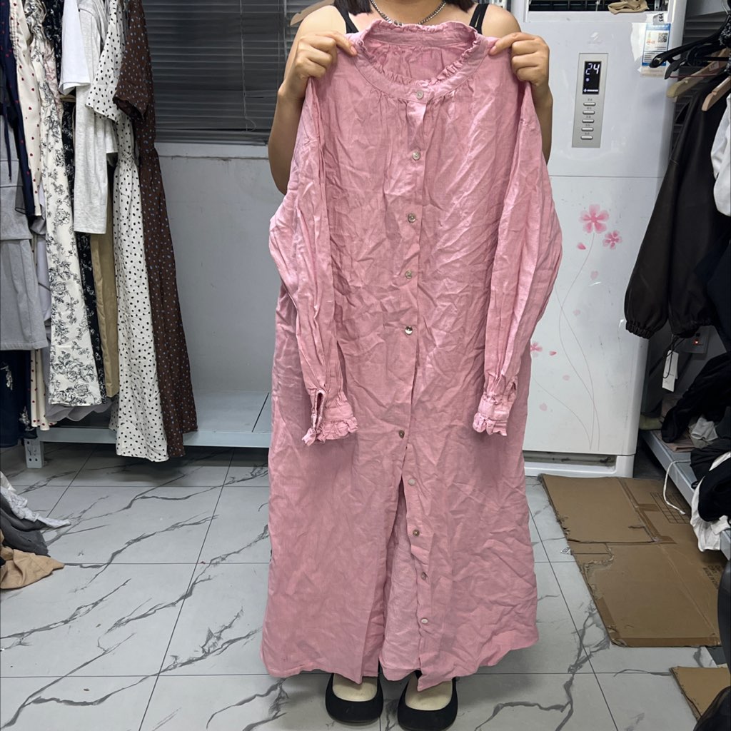 878，棉麻衬衫裙，贝壳扣，120胸围118长，