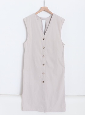 D12040日单客供料简洁V领单排扣微宽松休闲女通勤气质长连衣裙