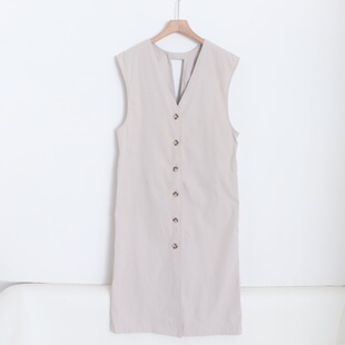 D12040日单客供料简洁V领单排扣微宽松休闲女通勤气质长连衣裙