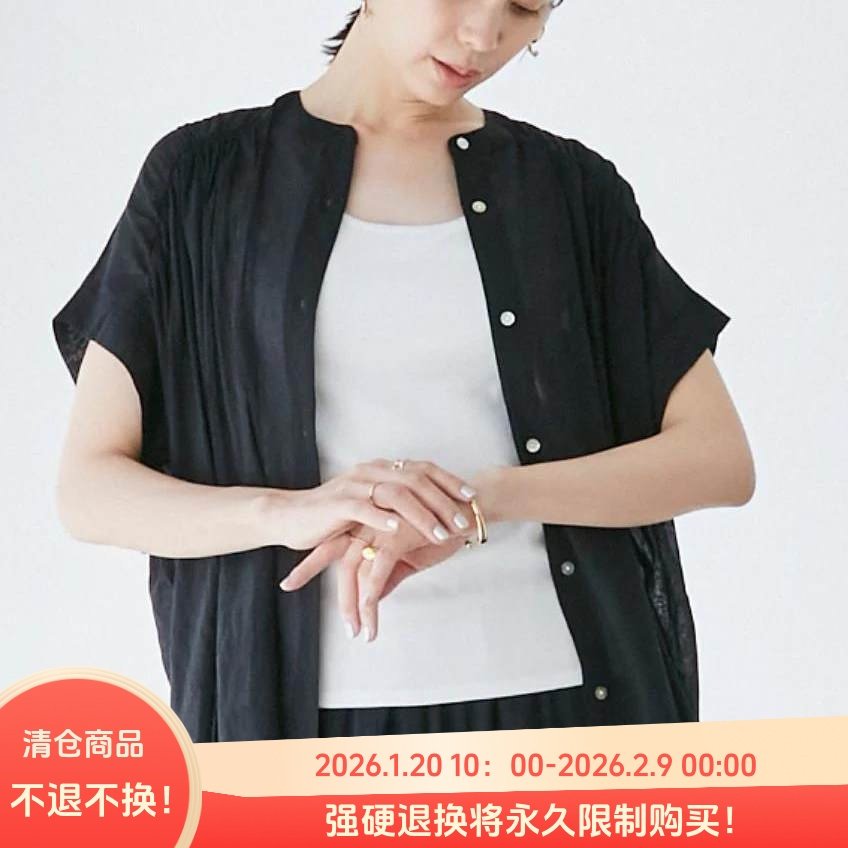 C050101日单夏新款客供料单排扣圆领宽松显瘦女纯色气质短袖衬衫