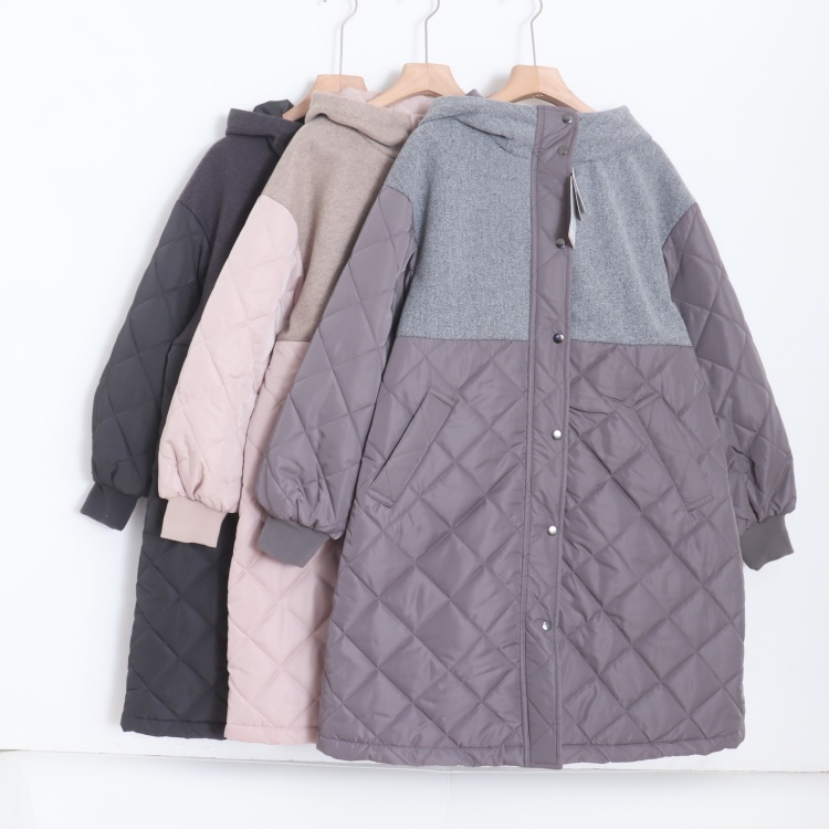 D05083日单冬季新款按扣拉链宽松保暖女通勤休闲拼接连帽中长棉服
