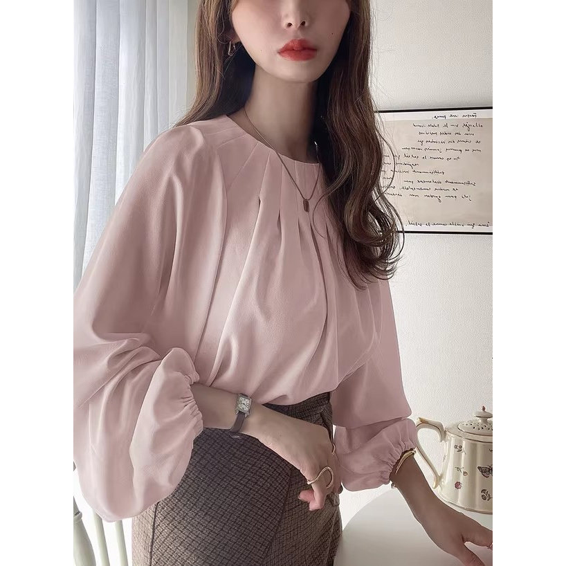 D220104日单26年新款客供料GL后纽扣圆领宽松女甜美气质长袖衬衫