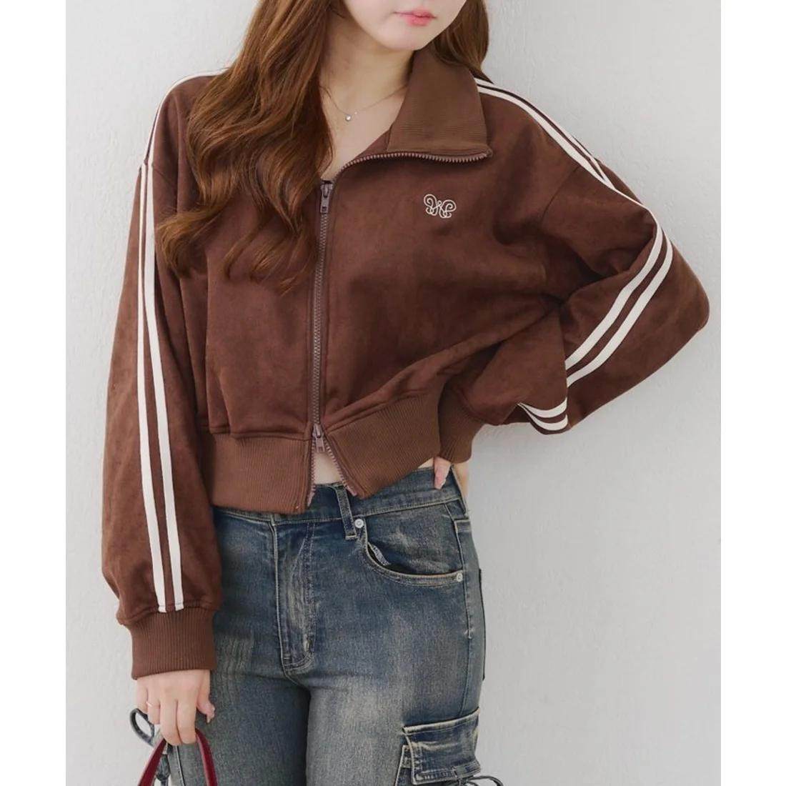 D16011日单新款客供料双头拉链螺纹领宽松女甜美短款麂皮绒外套