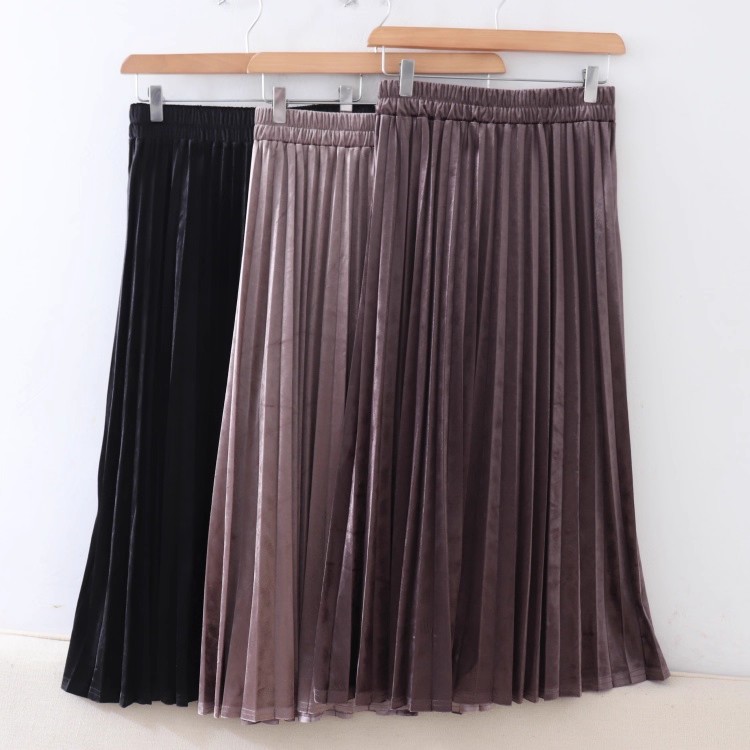 C02097日单新款客供料松紧高腰显瘦女长款通勤百褶金丝绒半身裙