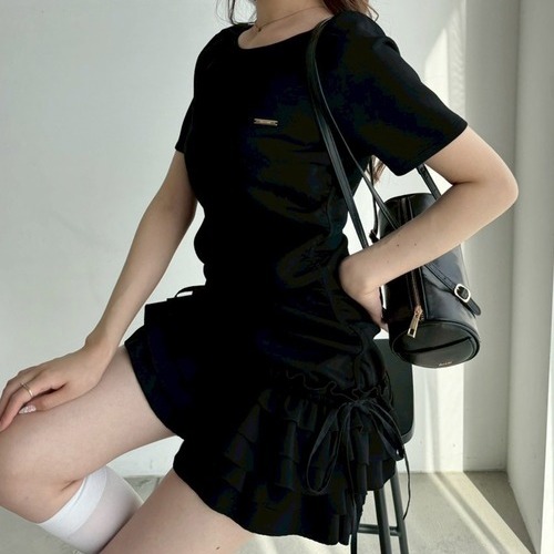 A07052日单NC夏季新款圆领套头显瘦抽绳系带女甜美短袖蛋糕连衣裙
