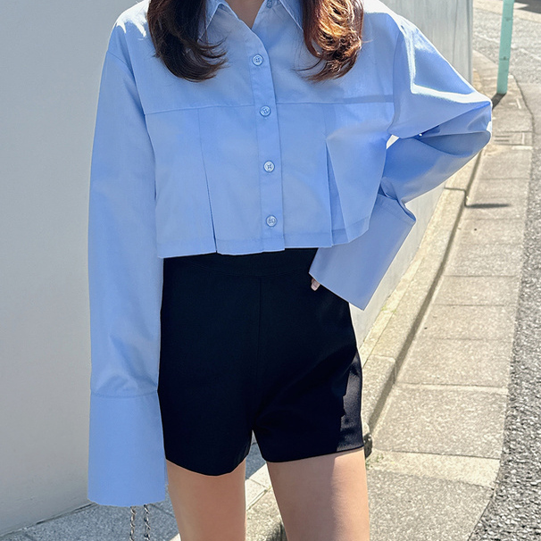 B07093日单新款客供料GL单排扣微宽松好搭配女纯色短款长袖衬衫