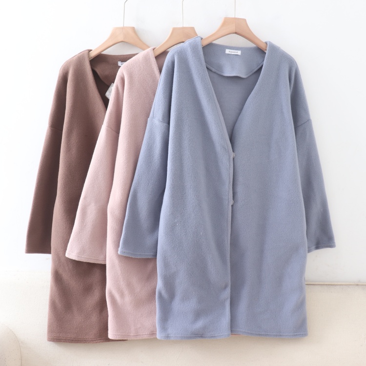 D02081日单秋冬款V领按扣宽松气质好搭配女通勤中长款呢子外套