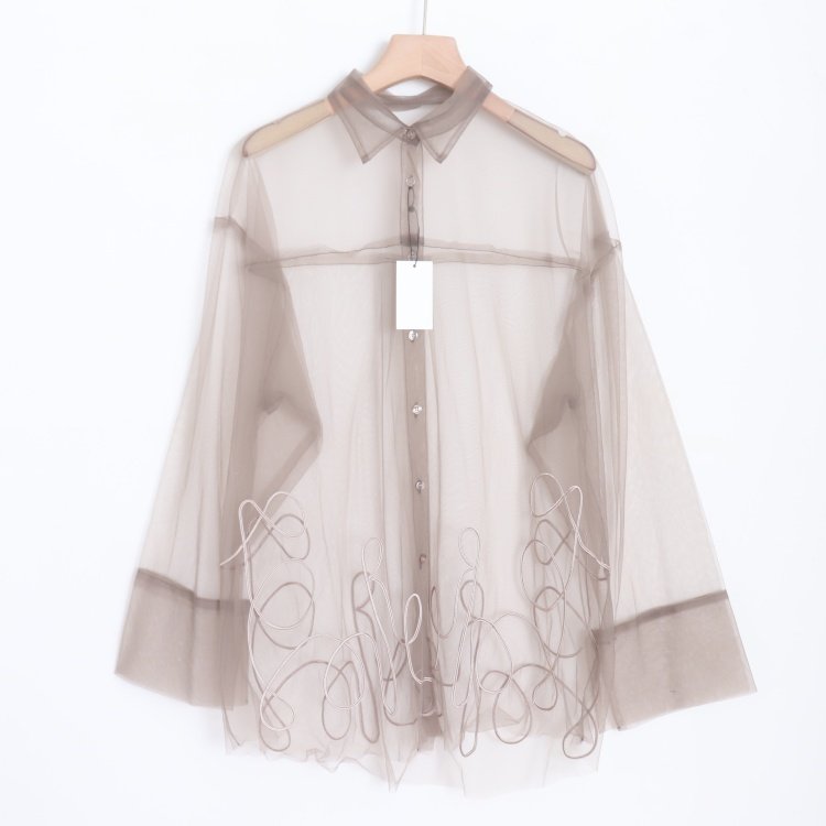 D160106日单新款客供单排扣宽松显瘦女气质轻薄透视网纱长袖衬衫