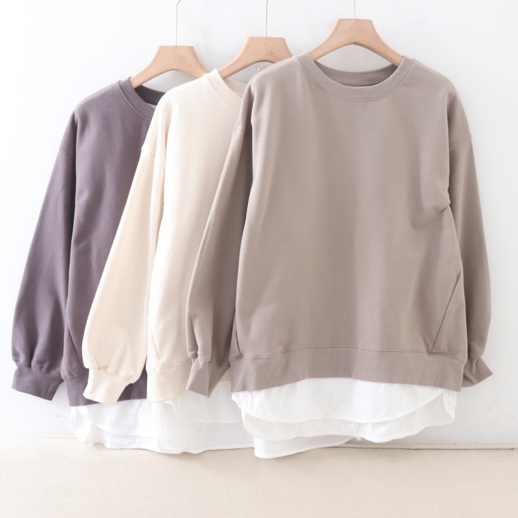 C12073日单秋新款休闲假两件拼接后开叉套头宽松女落肩袖长袖卫衣