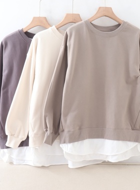 C12073日单秋新款休闲假两件拼接后开叉套头宽松女落肩袖长袖卫衣