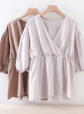 C07059日单客供V领套头微宽松显瘦松紧腰女纯色气质通勤气质衬衫