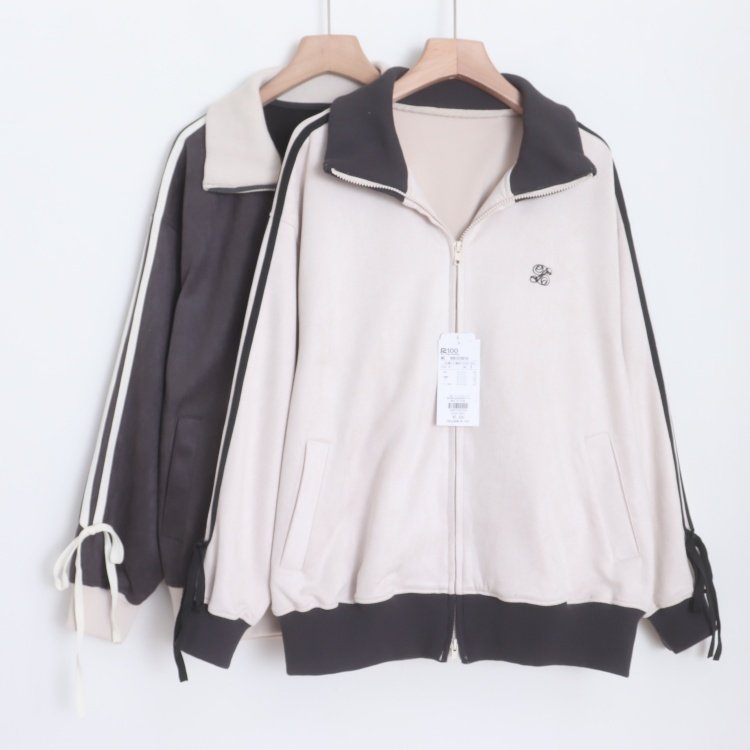 D16073日单新款客供螺纹领双头拉链宽松显瘦女休闲麂皮绒刺绣外套