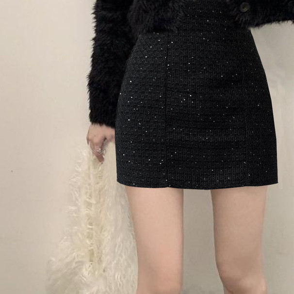 D08073日单新款GL隐形拉链松紧高腰短裙女小香风气质粗花呢半身裙